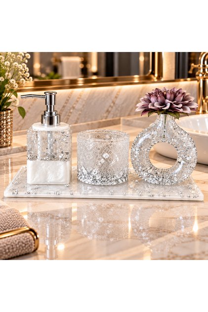 White Luxury Epoksi Banyo Sabunluk Seti - Sıvı Sabunluk, Fırçalık, Sabunluk ve Tepsi
