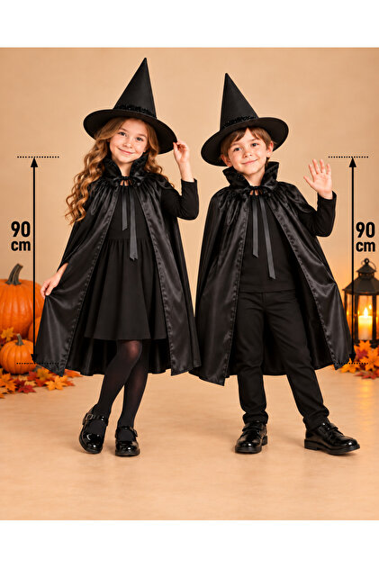 Hallowen Halloween Black Children's Witch Hat and Cloak (90 cm) Set