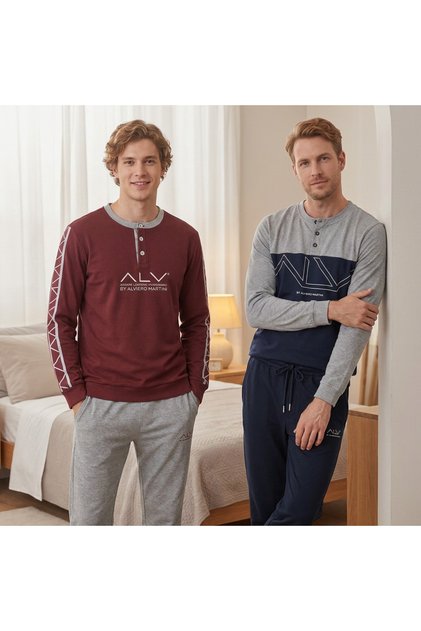 Men's Cotton Collared Buttoned Pocketed Gift Bundle and Dowry Set, 2 Pieces, 2-Piece Top and Bottom Pajama Set
