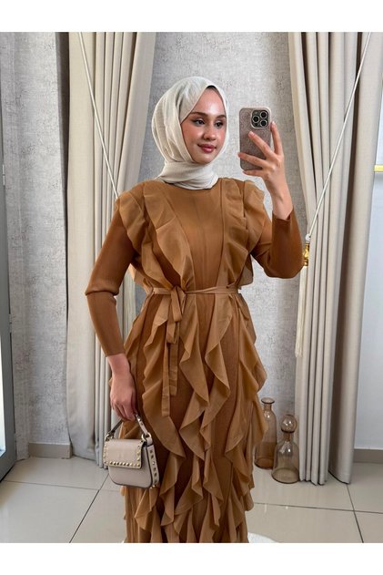 MMZ Fırfırlı Akordiyon Elbise Camel
