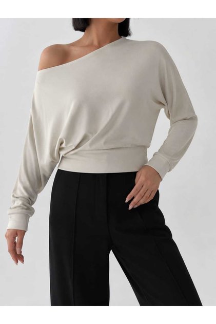 Women's Beige Boat Neck Off Shoulder Long Sleeve Fitted Waist Modal Fabric Crop Blouse