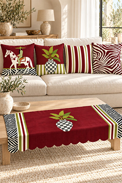 Burgundy & Olive Green Horse, Vase, Striped and Zebra Patterned 4-Piece Decorative Throw Pillow Cover Set