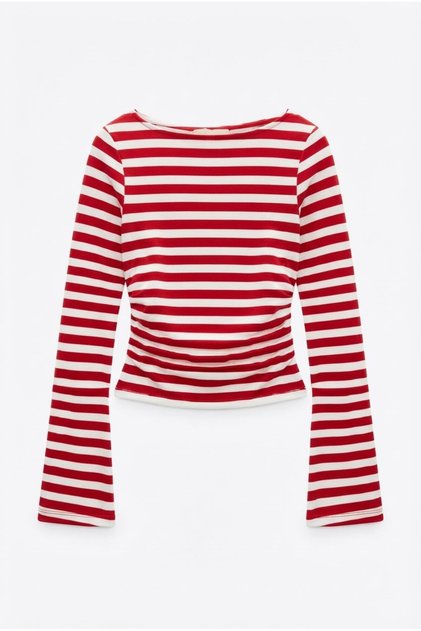 Red and White Striped Gathered Spanish Sleeve Blouse