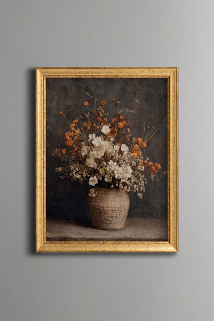 White Flowers and Autumn Branches in Wicker Basket - Vintage Patterned Painting - Fine Model