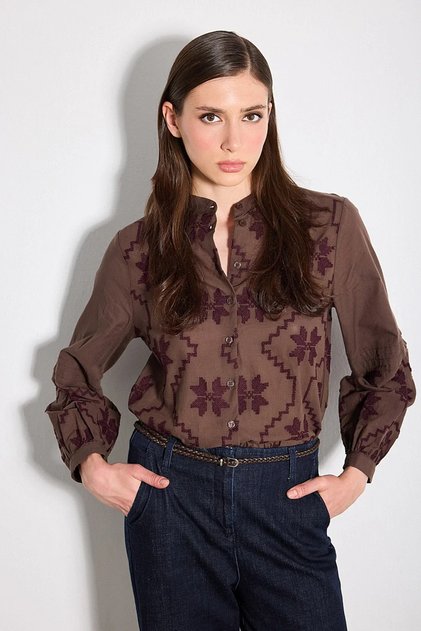 Hakim Collar Embroidered Shirt - Brown