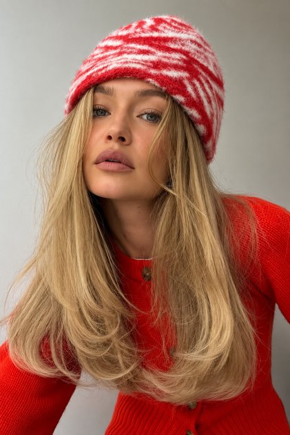 Women's Soft Furry Beret Zebra Pattern Red