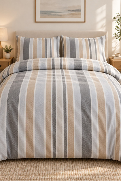 Flannel Double Duvet Cover Set Gray Beige Stripe