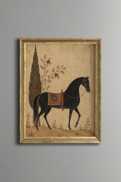 Black Horse Next to a Cypress Tree - Vintage Patterned Painting - Fine Model