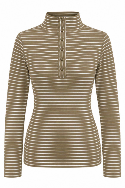 2256 Women's Striped Stand Collar Half Placket Buttoned Blouse Mink