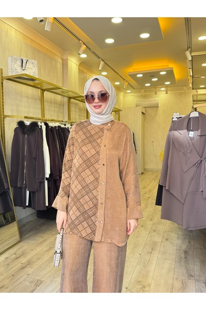 9497 Sim Detaylı Pantolonlu Takım Camel