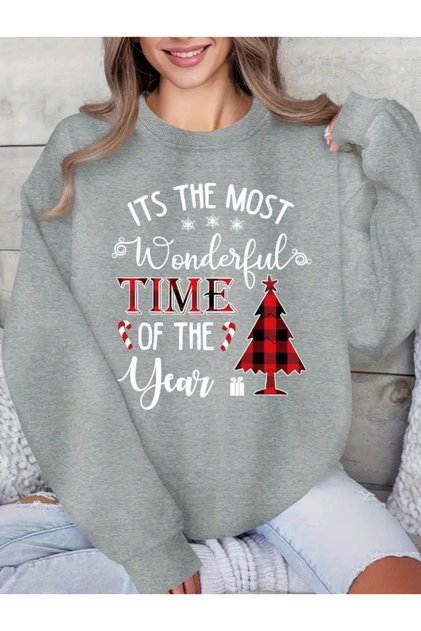 Unisex Women/Men Christmas Its the Most Wonderful Time of the Year Printed Christmas Tree Detail Premium Crew Neck Oversize Wide Fit Sweatshirt Hoodie