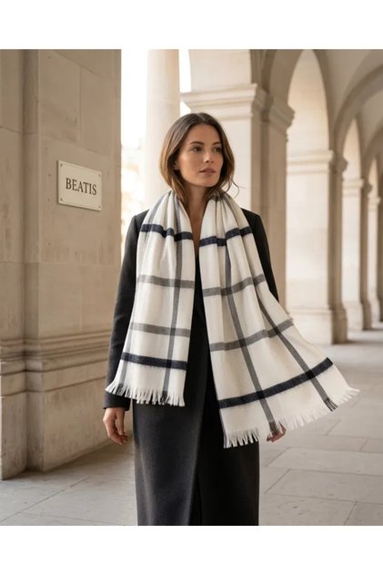 Ecru Black Gray Plaid Woven Shawl – Soft Acrylic Shawl with a Silk Feel