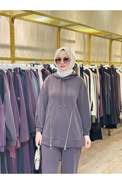 1072 Fermuar Detaylı Kapüşonlu Takım Kahverengi