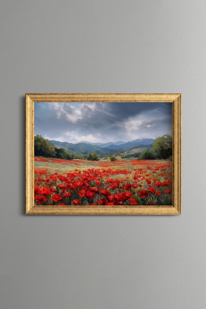 Red Poppy Field in the Mountain Landscape - Vintage Patterned Painting - Fine Model