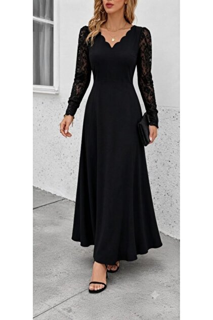 Women's long sleeve wavy v-neck ruched long janjan crepe dress