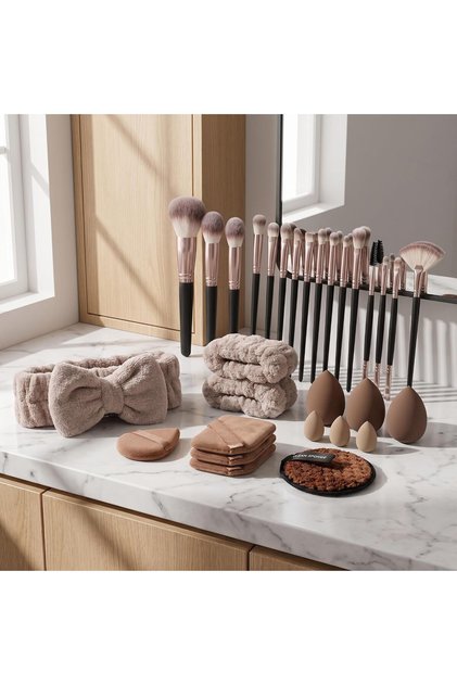 40 Pcs Professional Makeup Brushes Set – Complete Cosmetic Brush Kit with Sponges, Powder Puffs, Face Wash Headband & Wrist Bands – Travel Makeup Tools for Women (Brown)