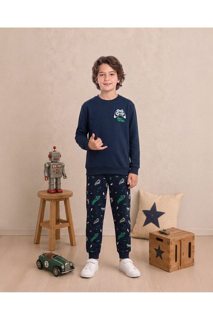Boys & Teenagers Interlock New Level Player Printed Long Sleeve Pajama Set Navy Blue