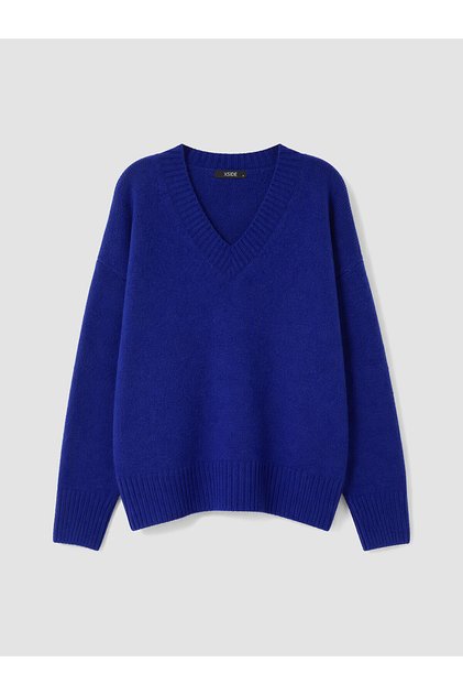 Alita City Farkıyla Xside Blue Knitwear Plain V-Neck Women's Sweater