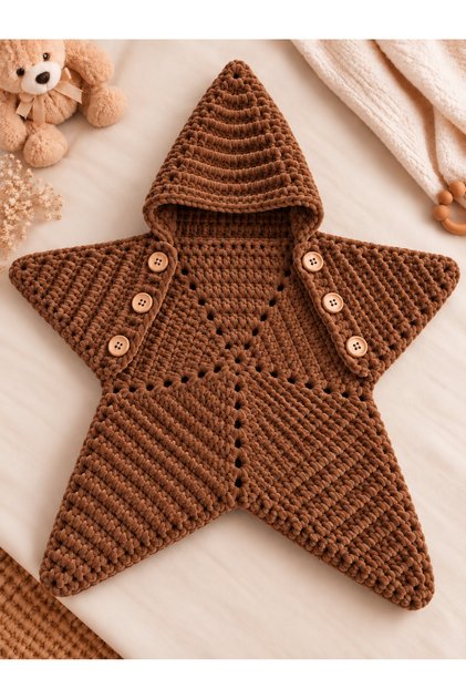Yıldız Baby Romper Brown Knitted Hooded Fluffy Newborn Swaddle Romper 0-6 Months