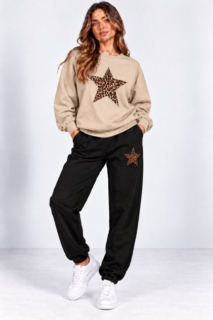 Women's Oversize Leopard Star Printed Tracksuit Set – Winter Sweatshirt & 2-Thread Seasonal Sweatpants