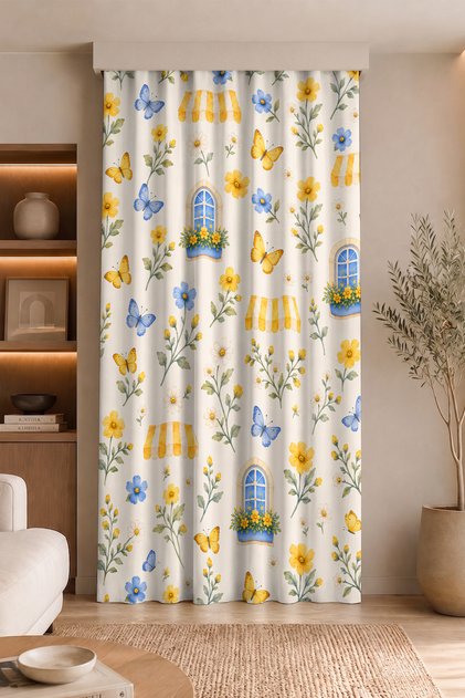 Flower Butterfly and Window House Patterned Digital Printed Single Wing Background Curtain (with Pillowcase as a Gift)