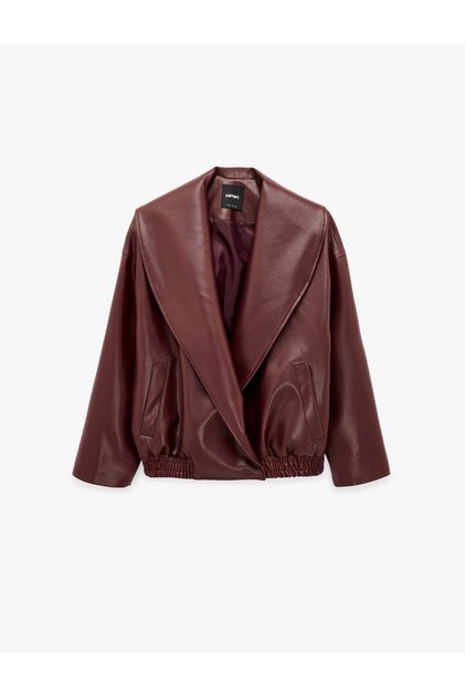 Long Sleeve Shawl Collar Double Breasted Oversize Faux Leather Bomber Jacket