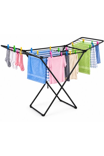 Foldable Clothes Drying Rack, Heavy-Duty Metal Gullwing Laundry Stand, Indoor & Outdoor, Silver (Includes 6 Clips)