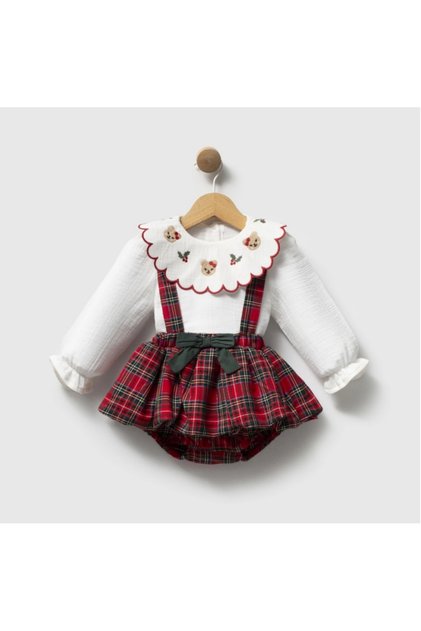Baby Girl Teddy Bear Embroidered Baby Collar Blouse and Plaid Suspender Shorts 2-Piece Set 100% Cotton