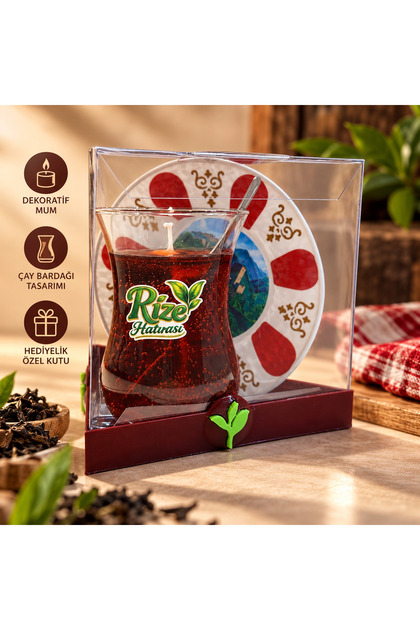 Rize Hatırası Çay Bardağı Dekoratif Mum ve Tabak Seti – Karadeniz Temalı Yöresel Hediyelik