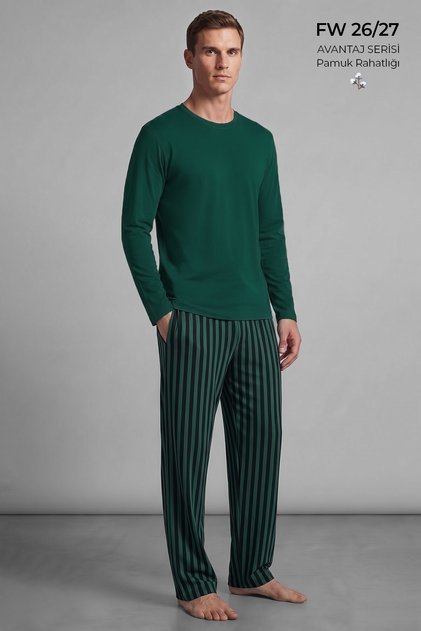 Men's Cotton Long Sleeve Pajama Set Emerald Green-Black