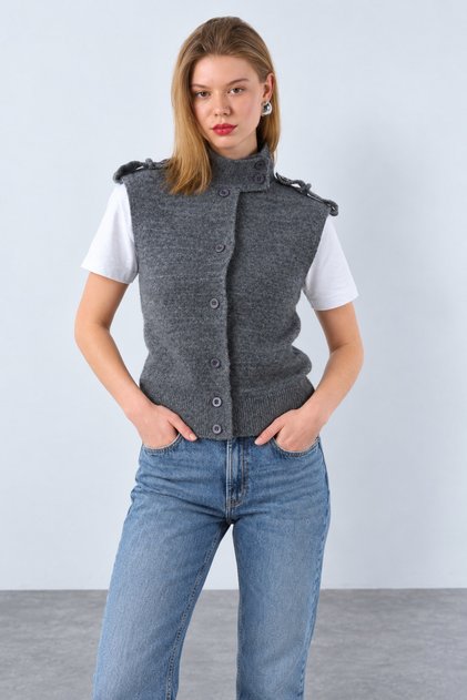 Women's Anthracite Sleeveless High-Neck Button Detailed Wool Knitwear Vest