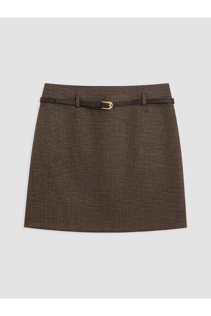 Brown Belted Houndstooth Patterned Mini Skirt