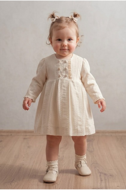Baby Girl Ecru Button Detailed Textured Fabric Ruffled Vintage Baby Dress 100% Cotton