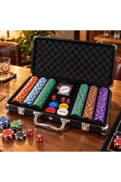 Professional Poker Set with Special Carrying Case, 300 Chips, 2 Pieces of Playing Cards, Dice and Dealer Token