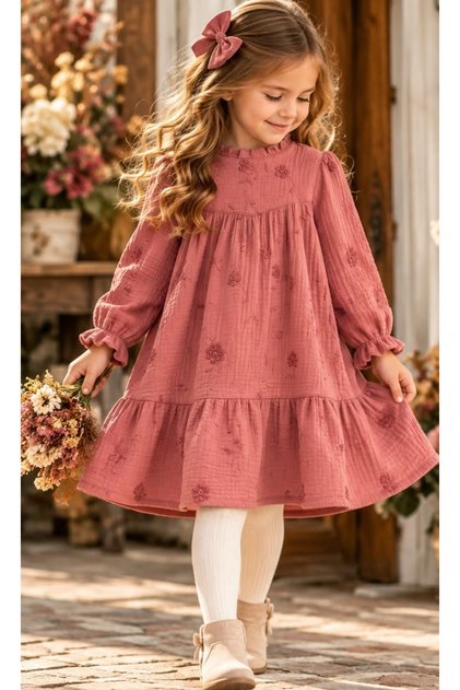 Embossed Muslin Fabric Long Sleeve Girls' Dress 2-9 Years