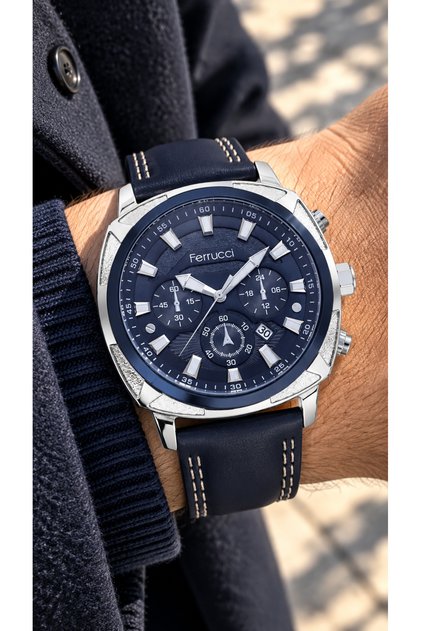 46 mm Case- Navy Blue Leather Strap, Functions Active, 3 Atm, Men's Wristwatch+Bracelet