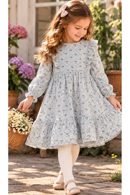 Floral Muslin Fabric Long Sleeve Girls' Dress 2-9 Years