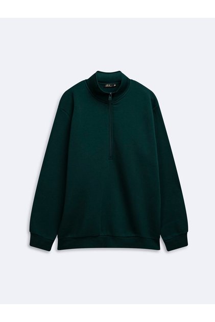 Regular Fit High Collar Half-Zip Green Sweatshirt