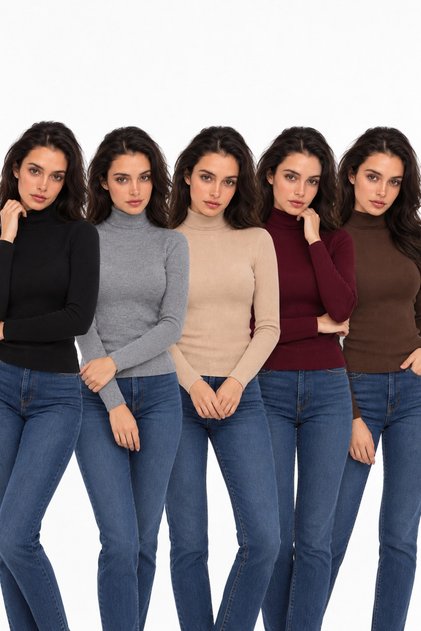 Kadın 5’li Balıkçı Yaka Fitilli İnce Triko Kazak Seti – Uzun Kollu Basic Slim Fit