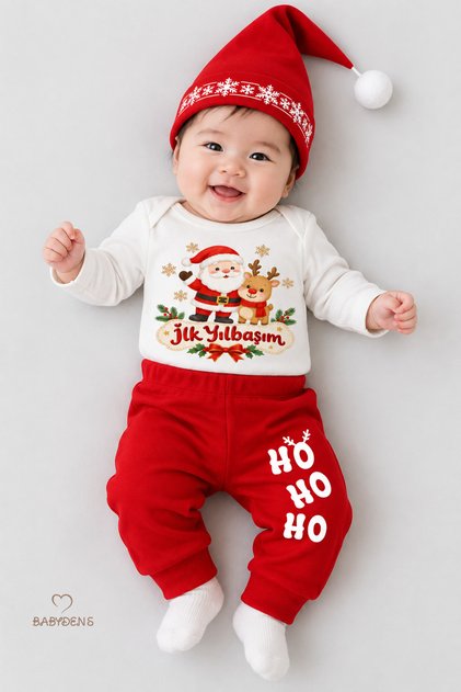 Baby New Year's Set My First New Year's Printed Christmas Outfit 100% Cotton 3-Piece Bodysuit Pants Christmas Hat New Year's Costume