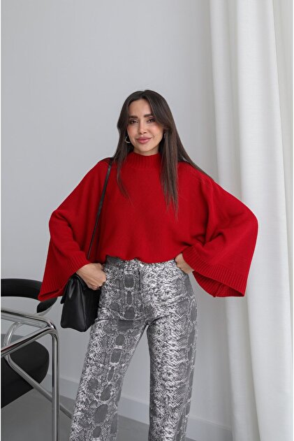 Red Arden Bat Sleeve Ribbed Sweater