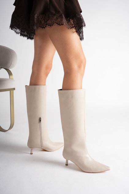 Noir Beige Pointed Toe Short Heeled Women's Boots