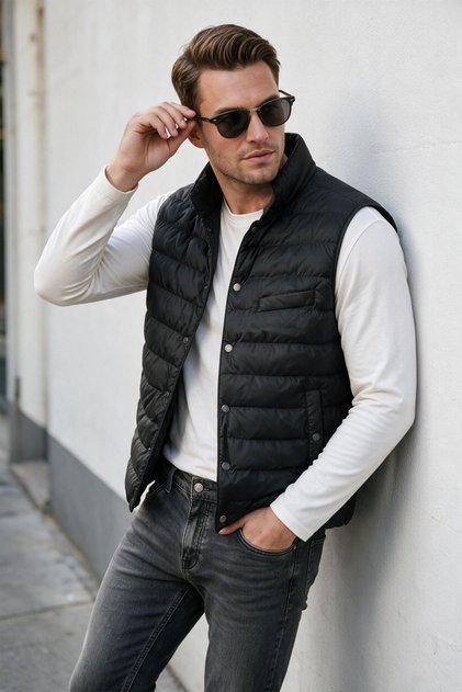 Erkek Slim Fit Su ve Rüzgar Geçirmez Siyah Şişme Yelek – Dik Yaka Çıtçıtlı 2701708