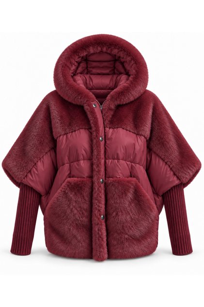 İthal Triko Kol Detaylı Yumuşacık Peluş Şişme Mont