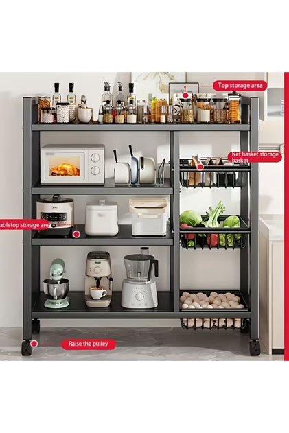 1pc Wheeled Metal Kitchen Storage Rack, Durable, Heavy-Duty, Smooth Swivel Casters, Space-Saving, Adjustable Shelves, Removable Mesh Baskets, Multi-Scene Use, Mesh Basket Organizer