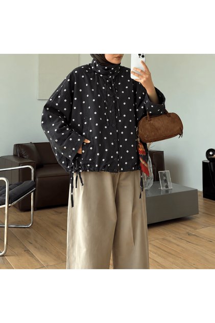 Puantiyeli Bomber Ceket - 1061 - Siyah