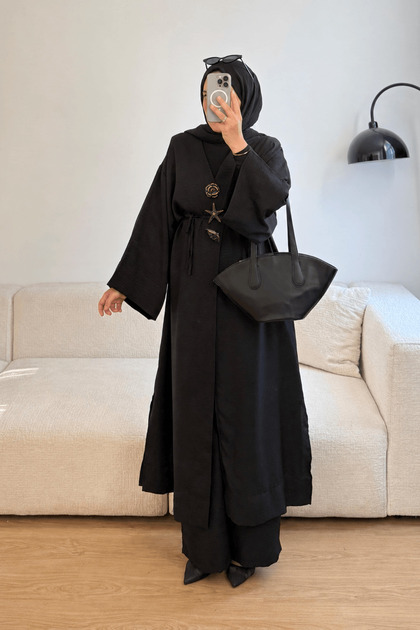 Brooch Detailed Trouser Suit - 9167 - Black