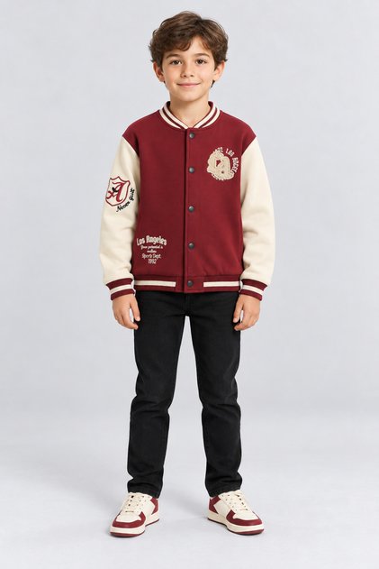 Boy's College Jacket with Emblem Detail and Contrast Sleeves Bomber Jacket Ak26681