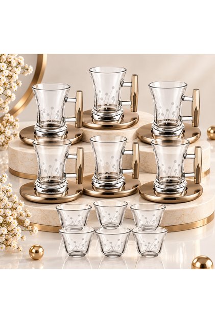 Luxury Saudi Arabic 18Pcs Tea & Coffee Set - 6 Glass Tea Cups with Elegant Engraving & 6 Steel Saucers & 6 Saudi Coffee Cups - Modern Champagne Color Design