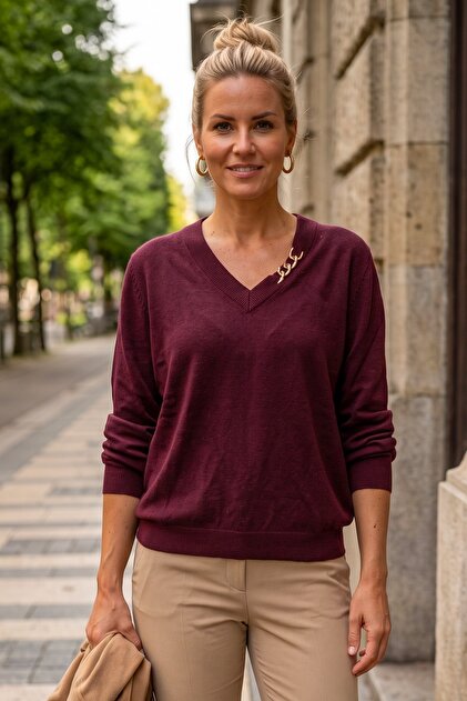 Burgundy V-Neck Long Sleeve Ribbed Collar with Chain Accessory Casual Knitwear Sweater 63 62